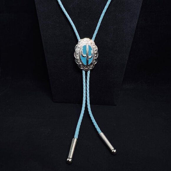 Western Aqua Blue & Silver Tone Cactus Bolo Tie Necklace (4735-1 to -5) - Picture 1 of 5